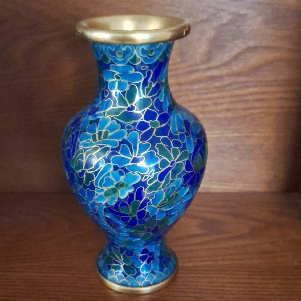 Vintage Cloisonne Elegant Blue and Gold Floral Vase